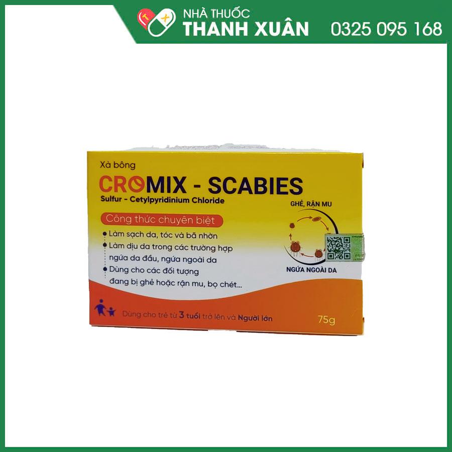 Xà bông Cromix-Scabies giúp làm sạch, dưỡng da, dùng cho da đang bị viêm trùng hoặc ghẻ ngứa (rận, bọ chét...)